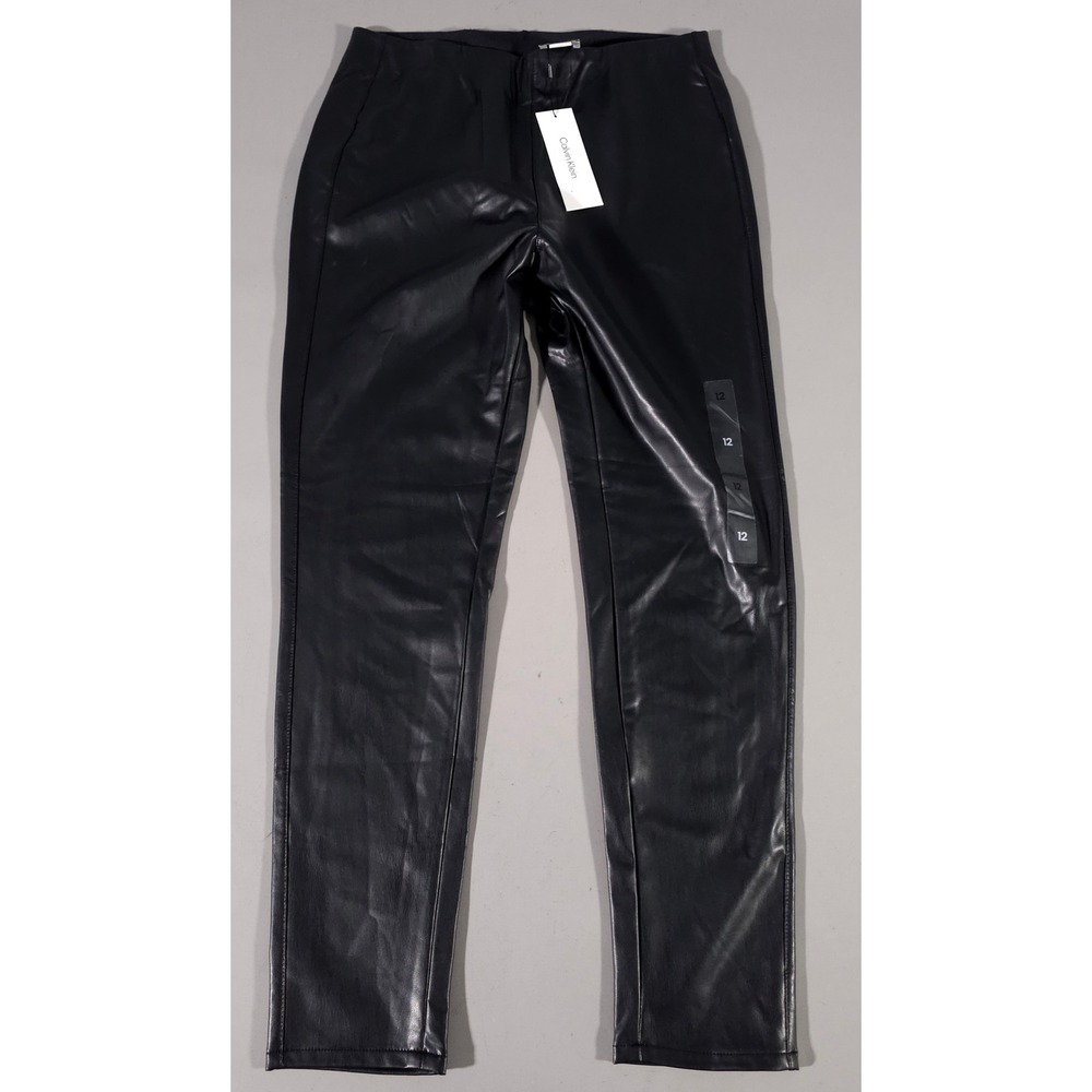 Calvin Klein Faux Leather Pants Womens 12 Black Slim Leg High Rise 40WL666